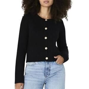 French Connection Babysoft Cardigan Sweater Gold Button Up Crewneck Black